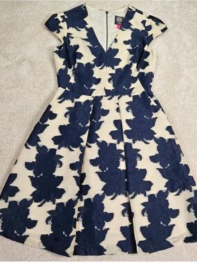 Vince Camuto navy and cream jacquard floral dress.